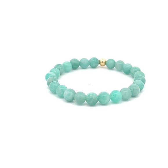 Natural Amazonite Peru 6mm Stretchable Bracelet 18k Gold Bead Charm - Picture 3 of 5